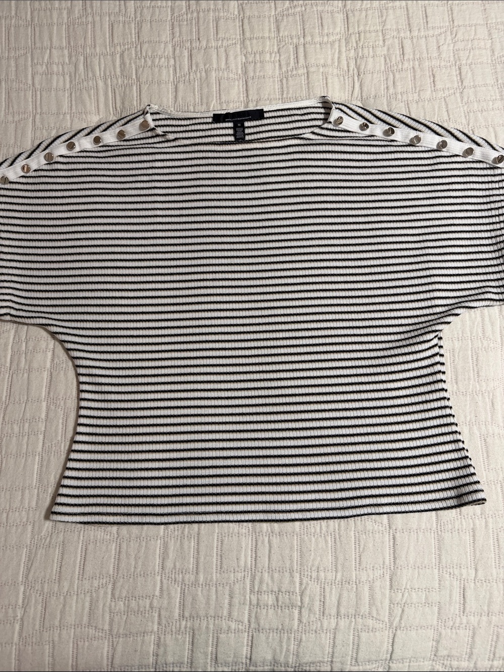 Striped Black & White and beige Boatneck Button-Shoulder Women’s Top